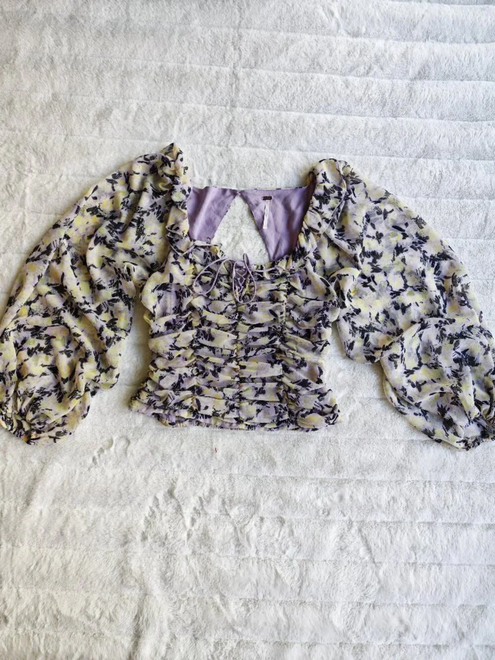 Free People Floral Ruched Blouse Top Puff Sleeve Tie Front Cottagecore Boho Roma - Picture 5 of 13